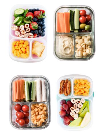 4 image collage with good snack ideas for teens. from snack boxes to fruit and veggie ideas easy to make ahead