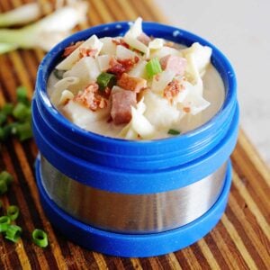 blue thermos of potato soup