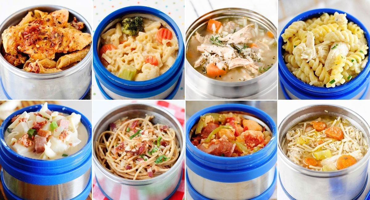 collage image with eight thermos lunches