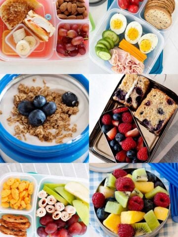 a collage of school lunch ideas with fruit