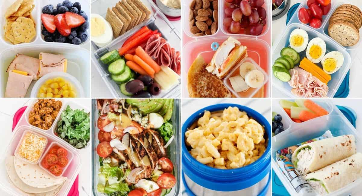 collage with eight images of school lunches