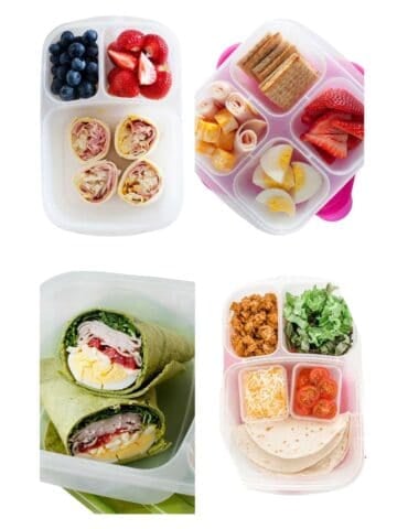 four school lunchboxes floating in a white background