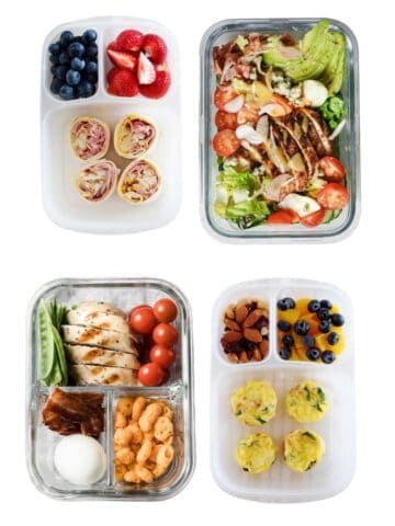 four school lunchboxes floating in a white background