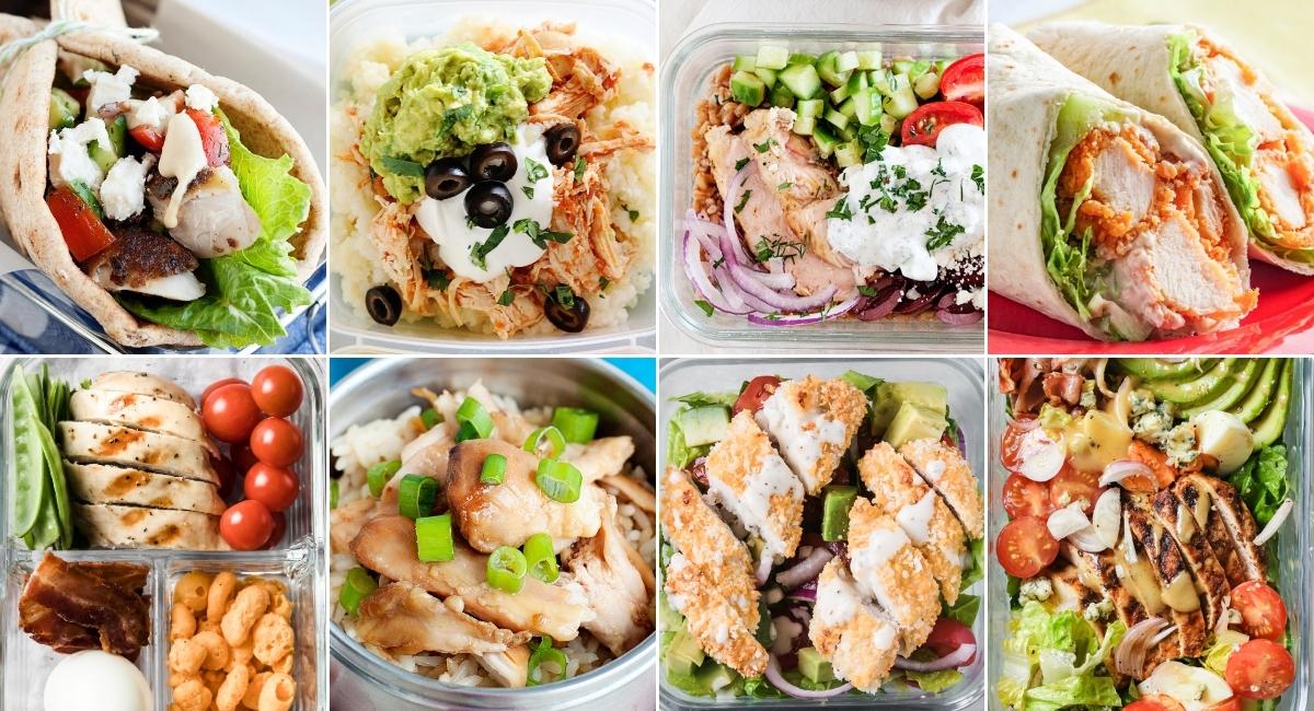 collage image with eight school lunches made with chicken