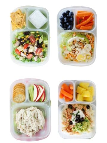 four school lunchboxes made with chicken, floating in a white background
