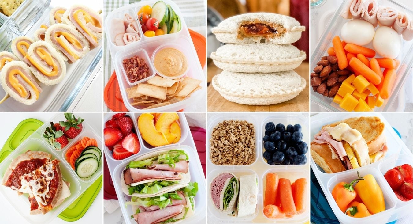 collage image with eight school lunch ideas