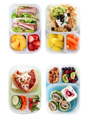 four lunchboxes floating in a white background