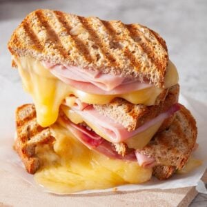 grilled ham and cheese sandwich cut in half