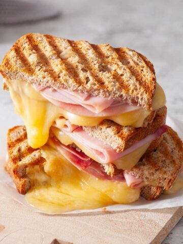 grilled ham and cheese sandwich cut in half