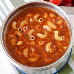 tomato pasta soup in a thermos