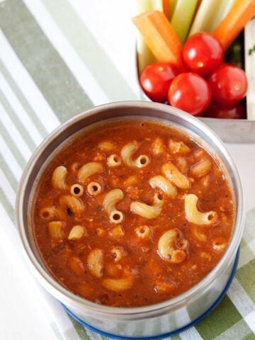 tomato pasta soup in a thermos