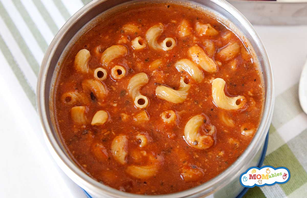 tomato pasta soup in a thermos