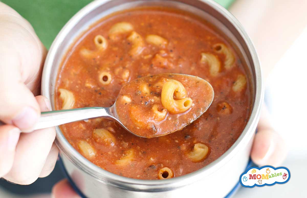 tomato pasta soup in a thermos