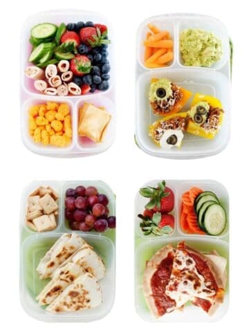 four lunch boxes floating in a white background