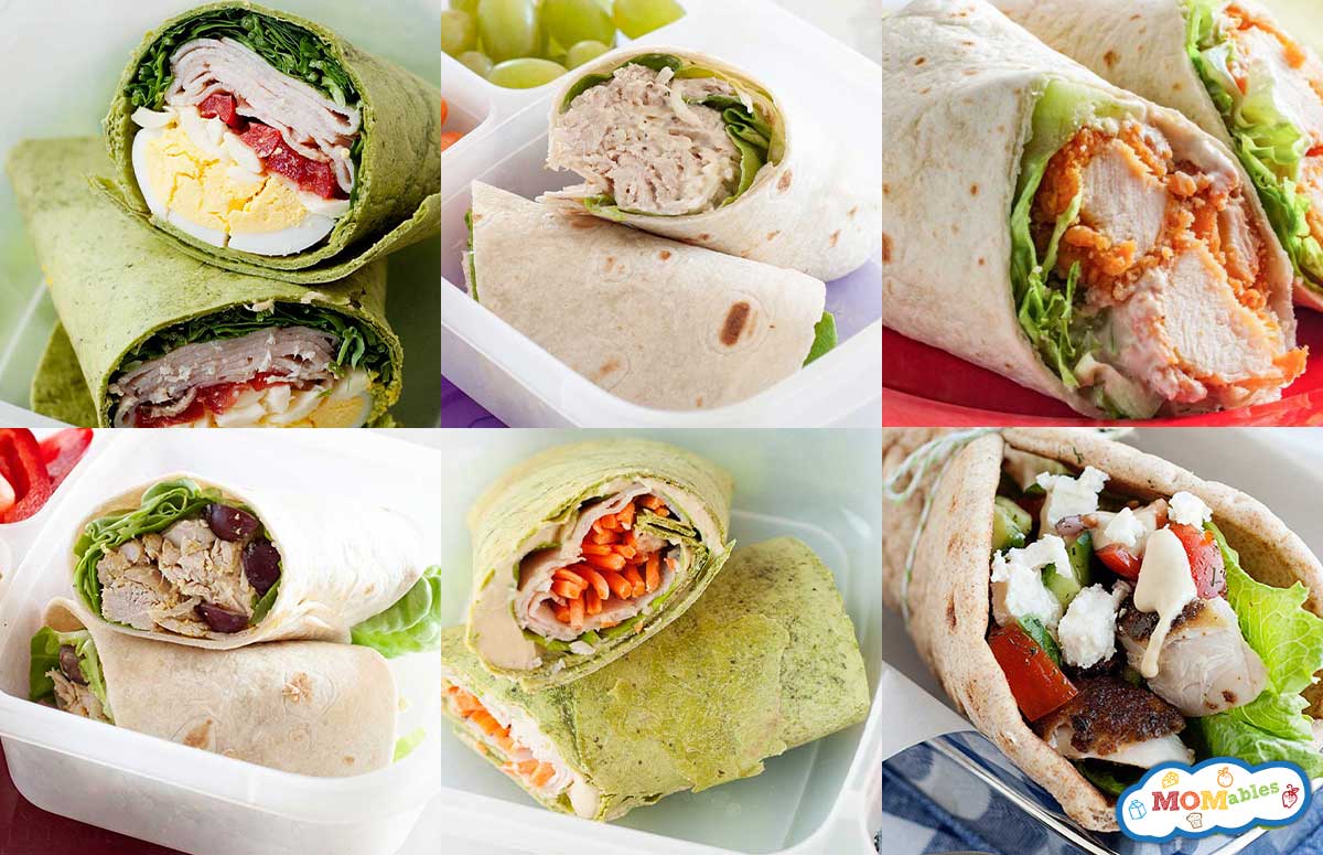 an image collage of sandwich wraps for school lunches