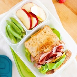 toasted ham and cheese sandwich in a lunch container with sliced apples