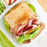 a toasted bread sandwich with ham and lettuce and cheese inside a lunch container.