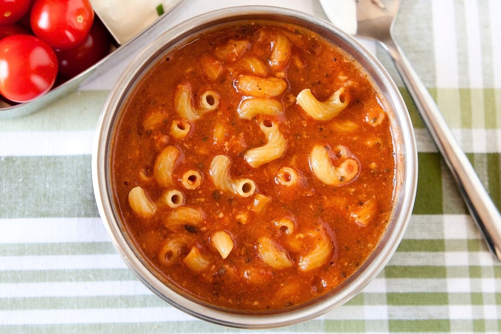 tomato pasta soup in a thermos