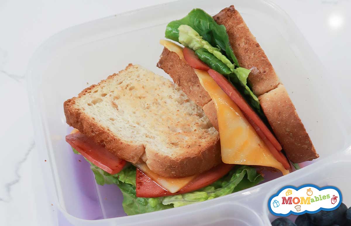 closeup of fried bologna sandwich with cheese, lettuce, mayo and toasted bread in a lunchbox
