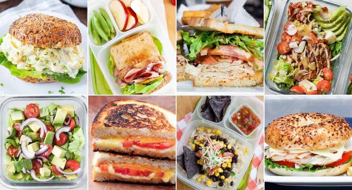 collage made with eight pictures of school lunch ideas