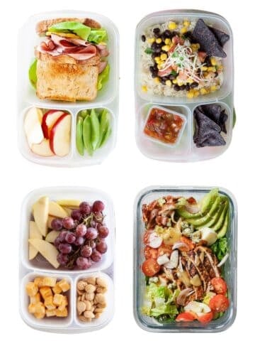 four school lunches floating in a white background