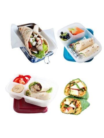 four lunchboxes with sandwich wraps floating in a white background
