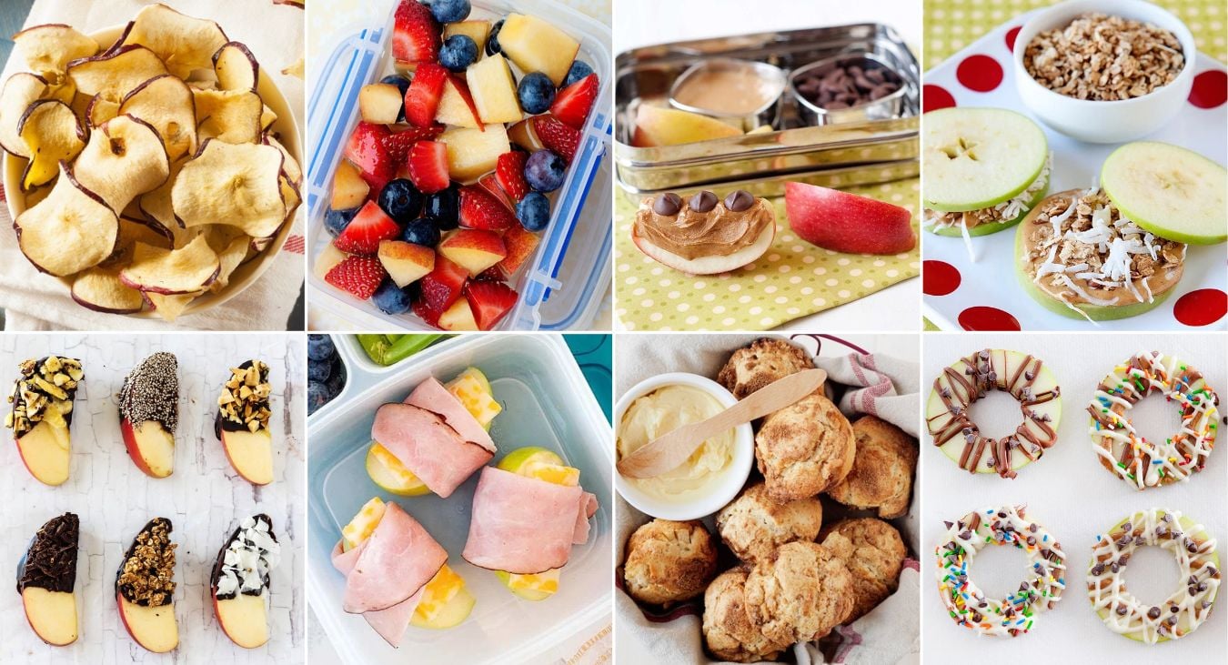 an image collage of eight school snacks with apples