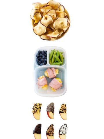 three school snacks with apples floating in a white background