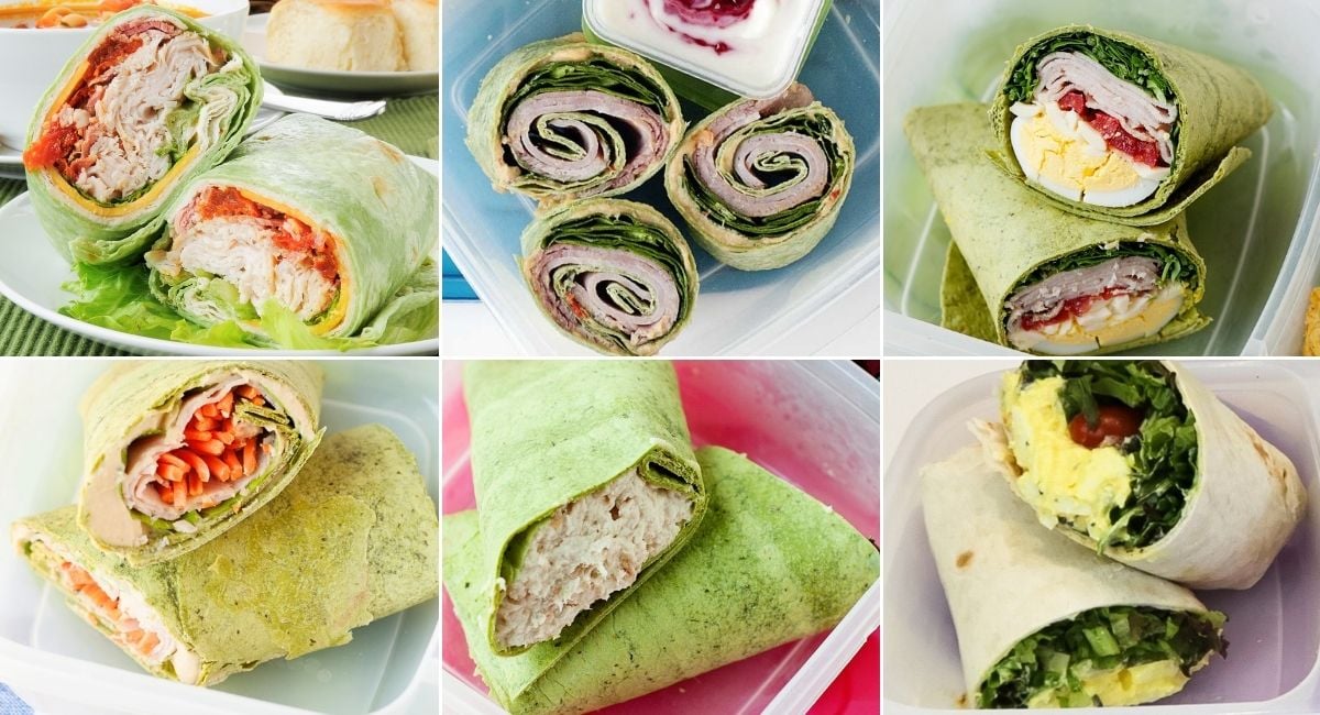 collage image of six spinach wraps