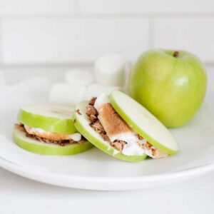 s'mores made with Granny Smith apples, marshmallow, and chocolate.