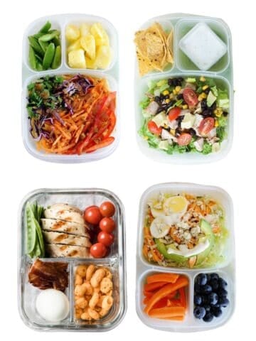 four school lunchboxes floating in a white background