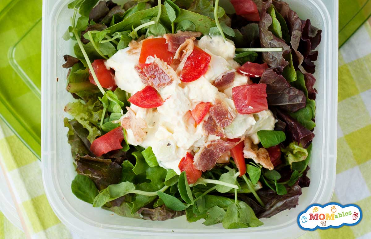 closeup of egg salad over lettuce greens in a lunch container