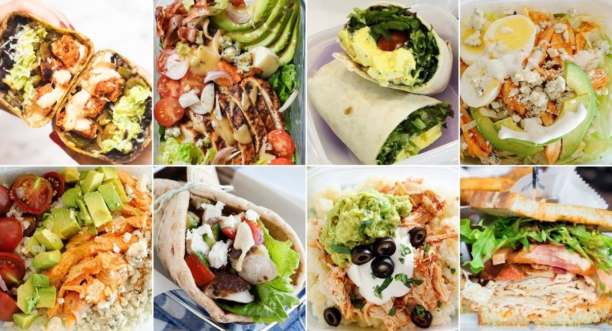 collage image with eight rotisserie chicken lunch ideas