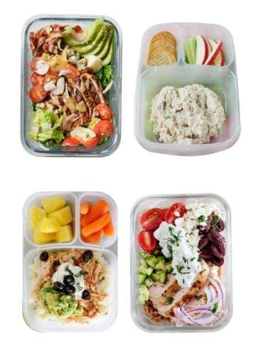 four rotisserie chicken lunches floating in a white background