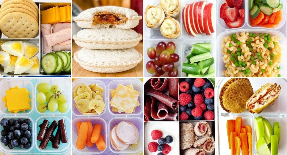 an image collage of eight preschool lunch ideas