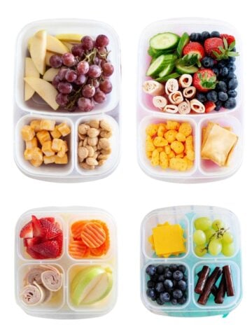 four preschool lunchboxes floating in a white background