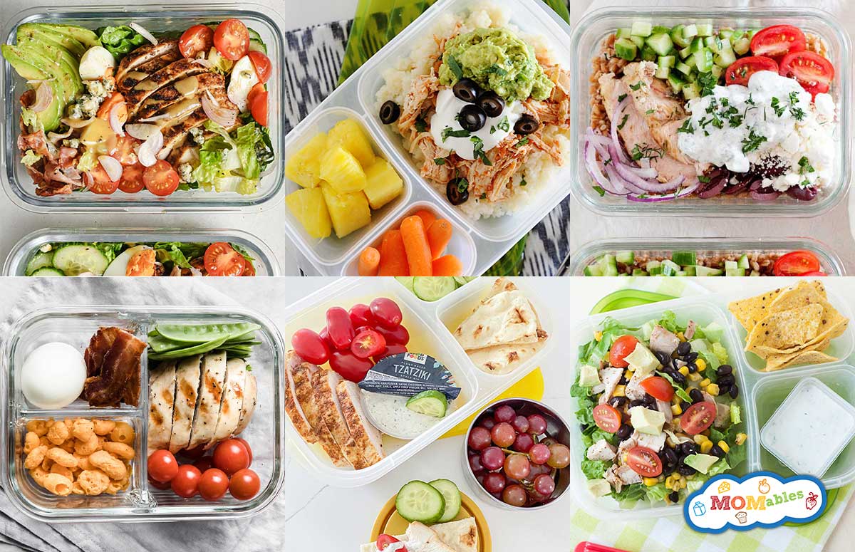 an image collage of school lunch ideas with chicken breasts