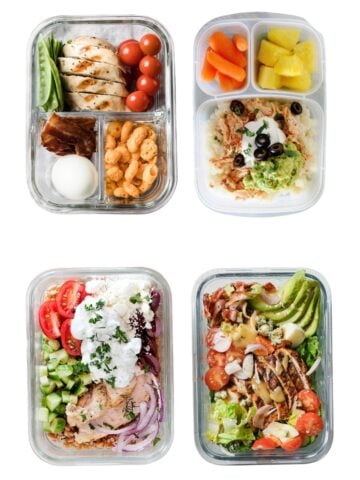 four school lunches floating in a white background