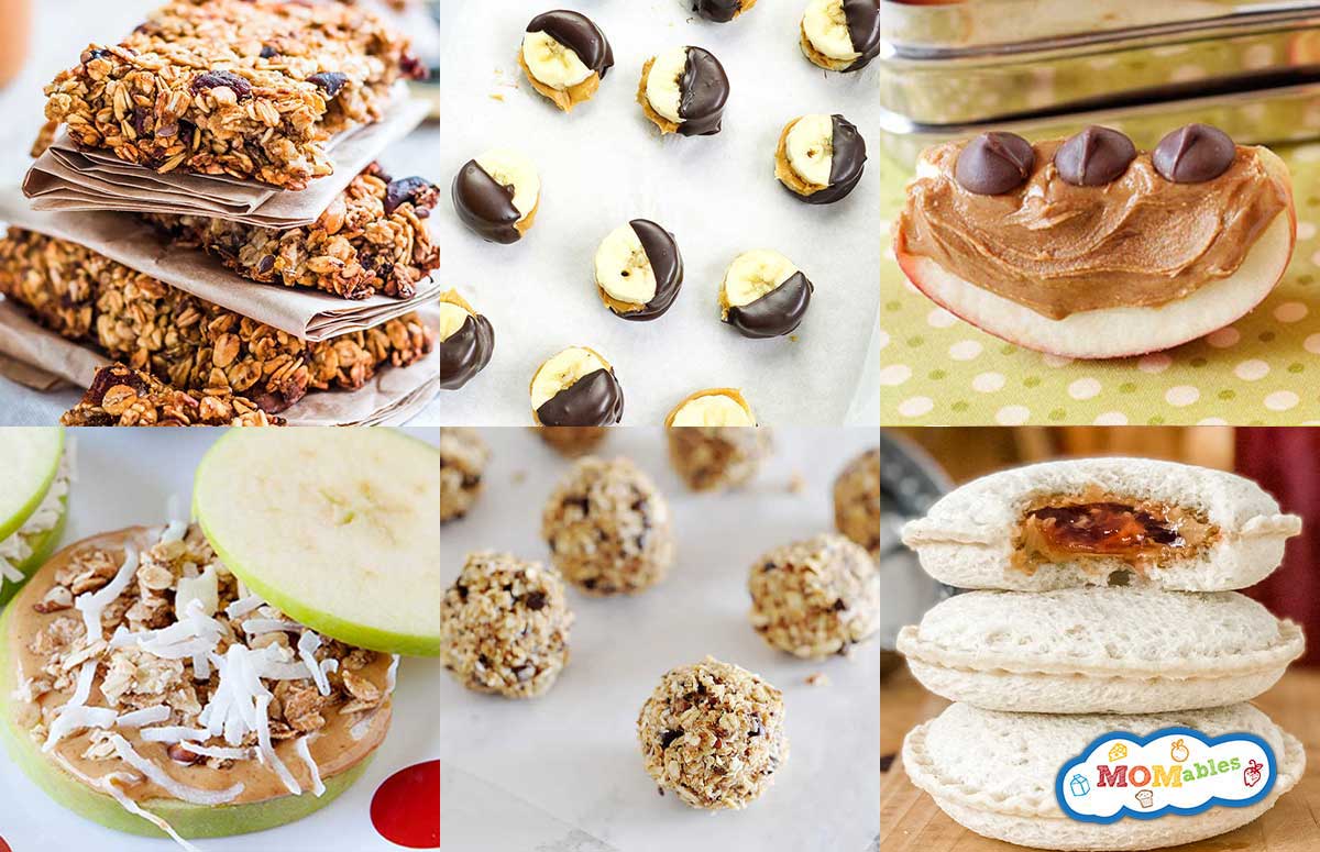 an image collage of school snack ideas with peanut butter
