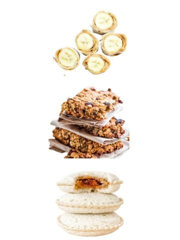 three snacks made with peanut butter floating in a white background