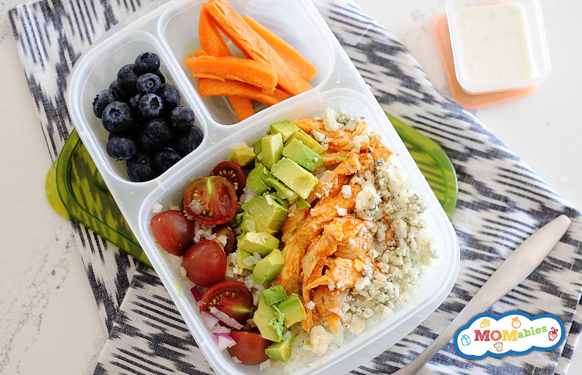 buffalo chicken and rice in a lunch container