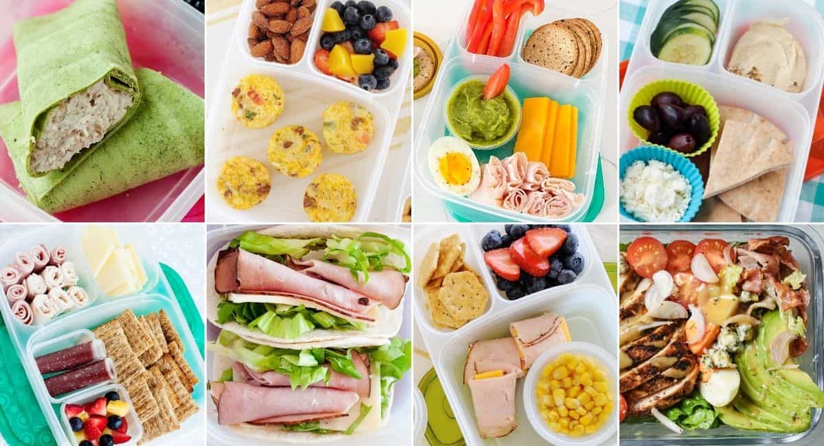 an image collage of eight healthy school lunch ideas