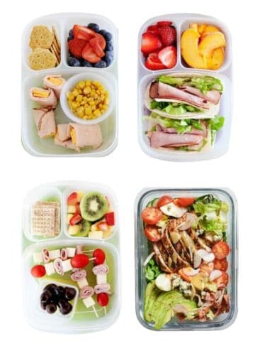 four school lunch boxes floating in a white background