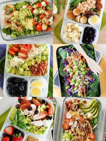 an image collage of salads packed in a lunchbox