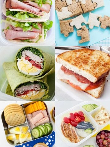 an image collage of six kids school lunch ideas by age