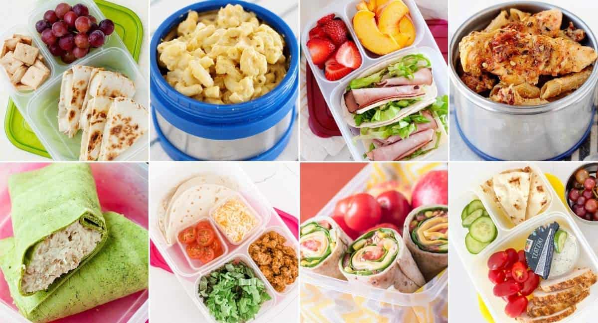an image collage of eight school lunch ideas