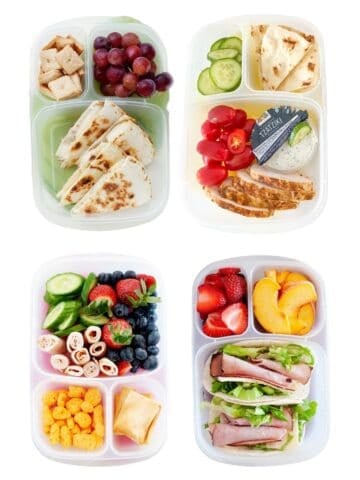 four school lunch boxes floating in a white background