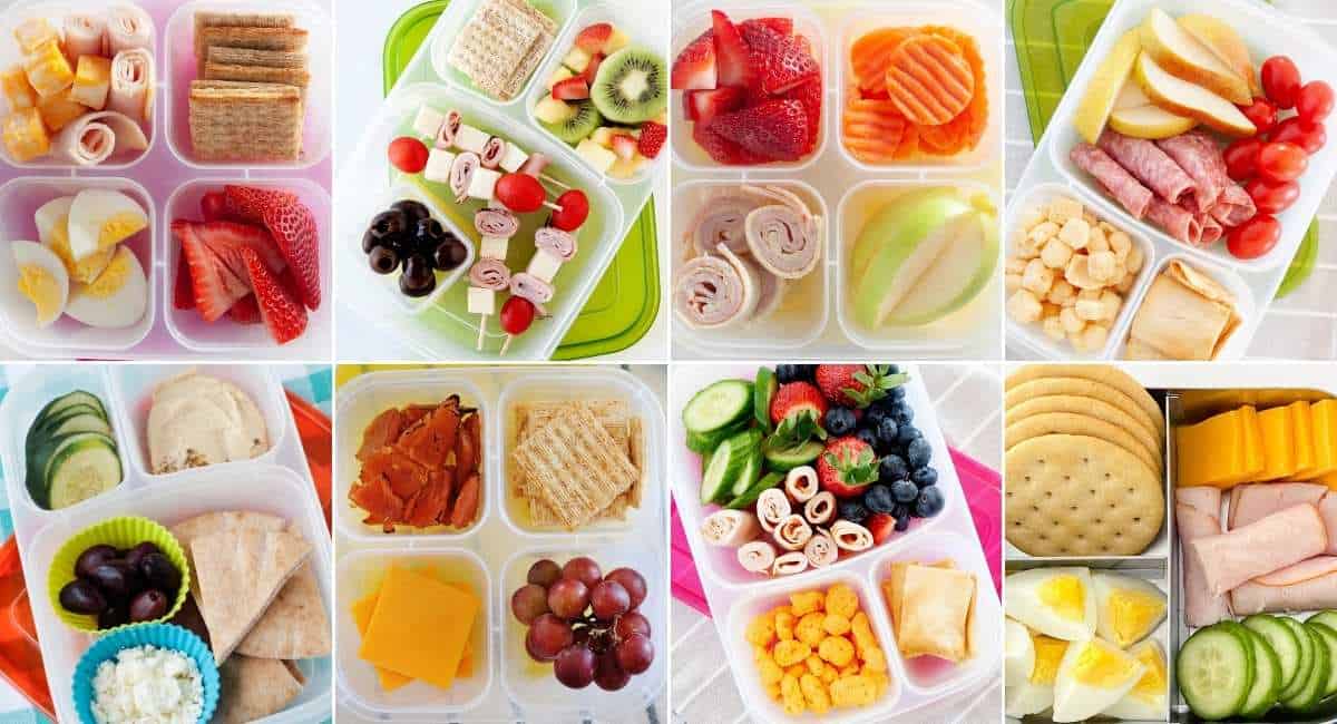 collage with eight pictures of simple school lunches