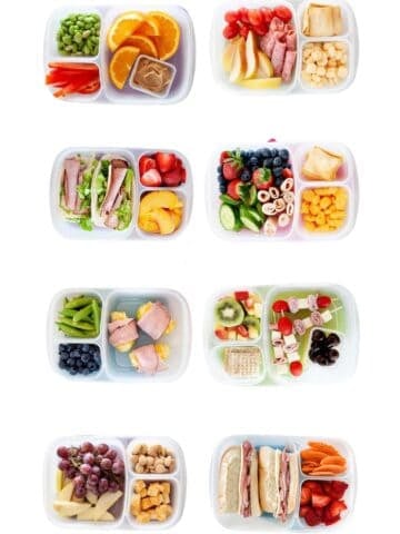 eight simple school lunch boxes floating in a white background