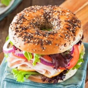 everything bagel sandwich with veggies and turkey